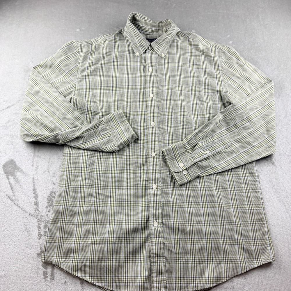 Saddlebred Men's Large Easy Care Plaid Button Down Shirt Green Blue White